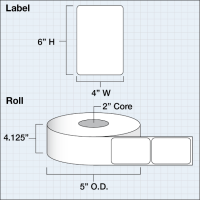 Etikettenrolle -  Paper High Gloss (HG) - Größe 102 x 152 mm (4" x 6" ) - 350 Etiketten - Etikettenrolle 51mm (2") Kern  /  127mm (5") Außen