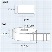 Etikettenrolle -  Poly White Matte (PWM) - Größe 51 x 25 mm (2" x 1") - 1900 Etiketten - Etikettenrolle 51mm (2") Kern  /  127mm (5") Außen