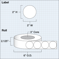 Etikettenrolle -  Paper High Gloss (HG) - Größe 51 mm Rund (2“ Rund ) - 1250 Etiketten - Etikettenrolle 76mm (3") Kern  /  152mm (6") Außen