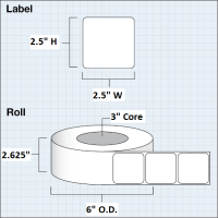 Etikettenrolle -  Paper High Gloss (HG) - Gr&ouml;&szlig;e 64 x 64 mm (2.5&quot; x 2.5&quot; ) - 1000 Etiketten - Etikettenrolle 76mm (3&quot;) Kern  /  152mm (6&quot;) Au&szlig;en