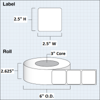 Etikettenrolle -  Paper High Gloss (HG) - Größe 64 x 64 mm (2.5" x 2.5" ) - 1000 Etiketten - Etikettenrolle 76mm (3") Kern  /  152mm (6") Außen