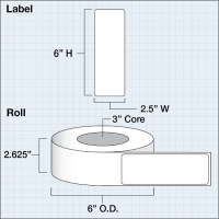 Etikettenrolle -  Paper High Gloss (HG) - Größe 64 x 152 mm (2.5" x 6" ) - 425 Etiketten - Etikettenrolle 76mm (3") Kern  /  152mm (6") Außen