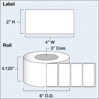 Etikettenrolle -  Poly White Gloss (PWG) - Größe 102 x 51 mm (4" x 2"  ) - 1250 Etiketten - Etikettenrolle 76mm (3") Kern  /  152mm (6") Außen