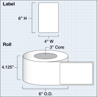 Etikettenrolle -  Poly White Gloss (PWG) - Größe 102 x 152 mm (4" x 6"  ) - 400 Etiketten - Etikettenrolle 76mm (3") Kern  /  152mm (6") Außen