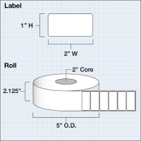 Etikettenrolle -  Poly White Matte (PWM) - Größe 51 x 25 mm (2" x 1" ) - 2275 Etiketten - Etikettenrolle 76mm (3") Kern  /  152mm (6") Außen