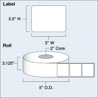 Etikettenrolle -  Poly White Matte (PWM) - Größe 76 x 64 mm (3" x 2.5") - 975 Etiketten - Etikettenrolle 76mm (3") Kern  /  152mm (6") Außen