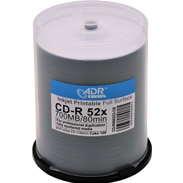 CD-Rohlinge ADR Media bedruckbar InkJet weiß 80min./700MB, 52x, vollflächig, 100er Cakebox