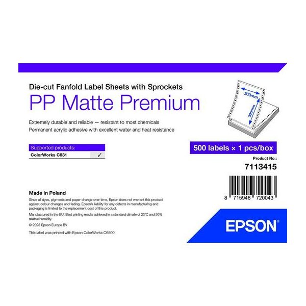 PP Matte Label Premium, Die-cut Fanfold Sheets with Sprockets, 203mm x 305mm, 500 Labels
