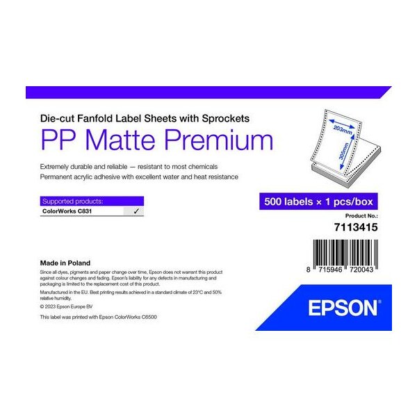 PP Matte Label Premium, Die-cut Fanfold Sheets with Sprockets, 203mm x 305mm, 500 Labels