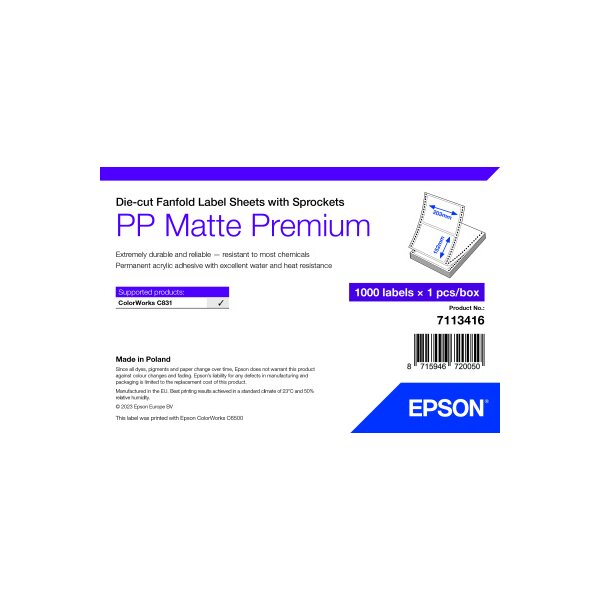 PP Matte Label Premium, Die-cut Fanfold Sheets with Sprockets, 203mm x 152mm, 1000 Labels
