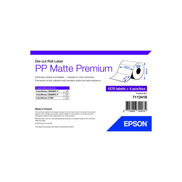 PP Matte Label Premium, Die-cut Roll, 102mm x 76mm, 1570 Labels