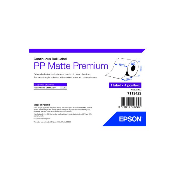 PP Matte Label Premium, Continuous Roll, 210mm x 55m