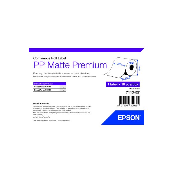 PP Matte Label Premium, Continuous Roll, 76mm x 29m